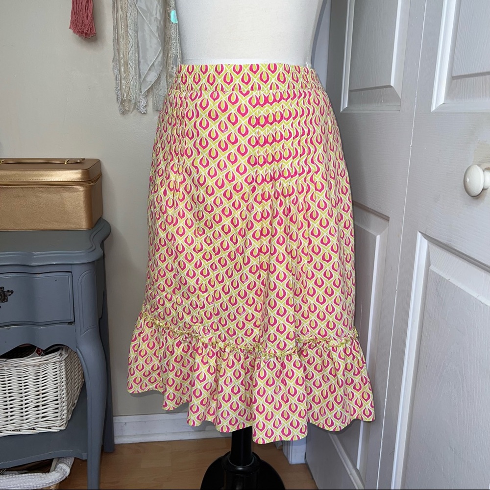 Lilly Pulitzer Peach/Green Pintuck, white lined Elastic Waist MIDI Skirt - Picture 8 of 14